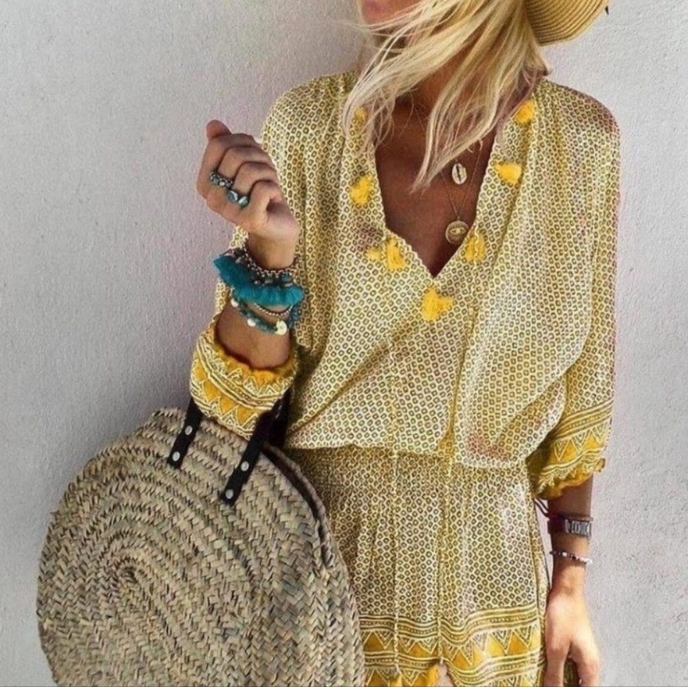 Yellow and Brown V-neck Fringe Shirring Waist Mini Dress NWT